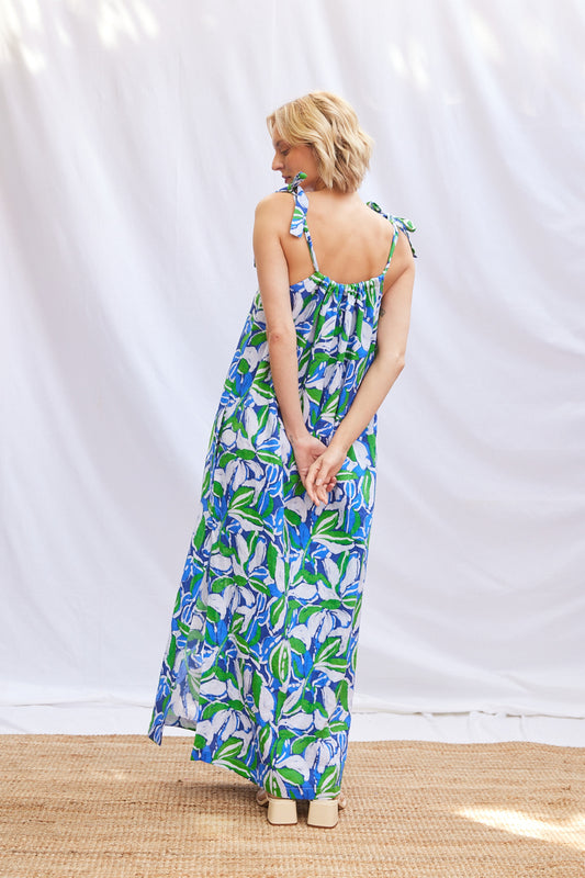 Abstract Print Tie Shoulder Maxi Dress