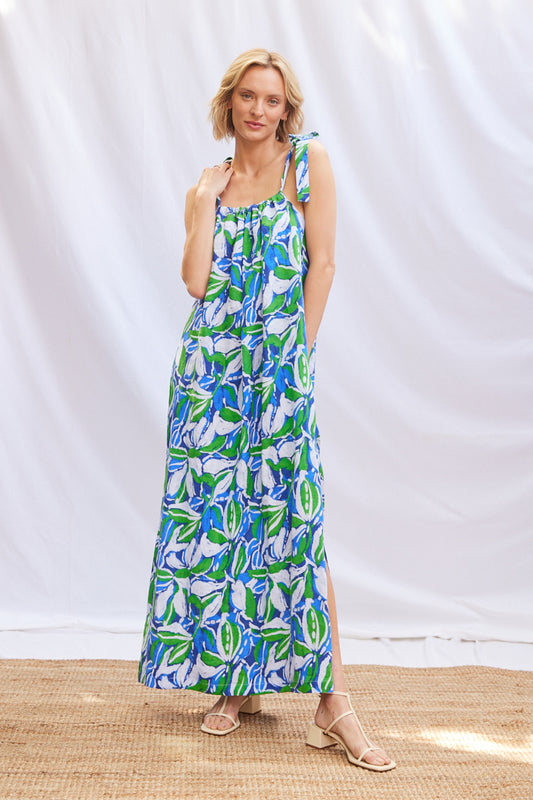 Abstract Print Tie Shoulder Maxi Dress