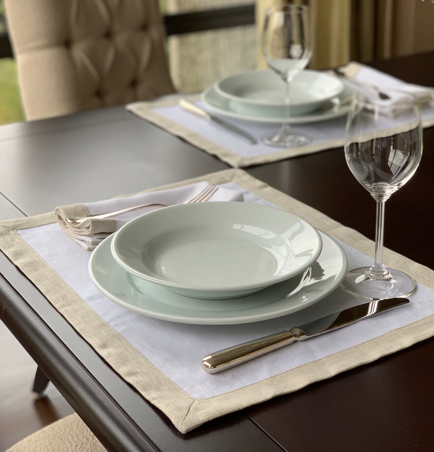 Set of 4 Contrast Border Placemat Oatmeal/White
