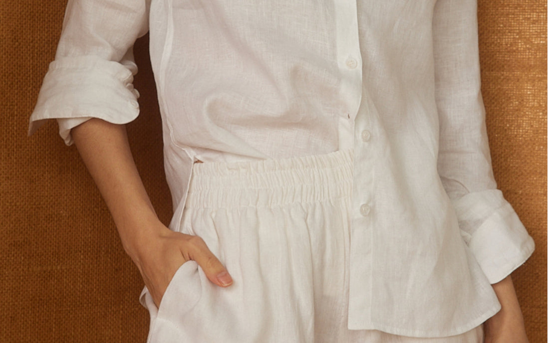 Woman wearing sustainable linen clothing by Whitney Linen, made in Canada