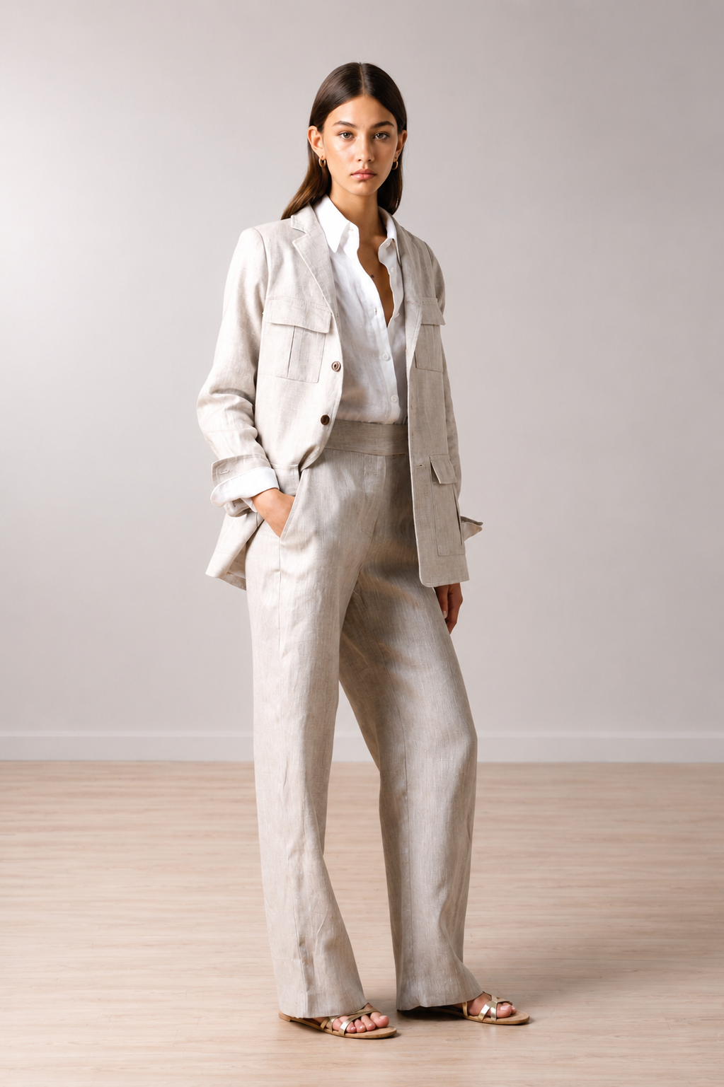 Woman wearing a beige linen herringbone safari jacket with a matching beige linen herringbone pant and a white linen shirt on a plain background