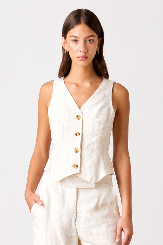 Woman wearing a linen ivory and brown pinstripe vest and matching linen pants with tortoise buttons on a white background