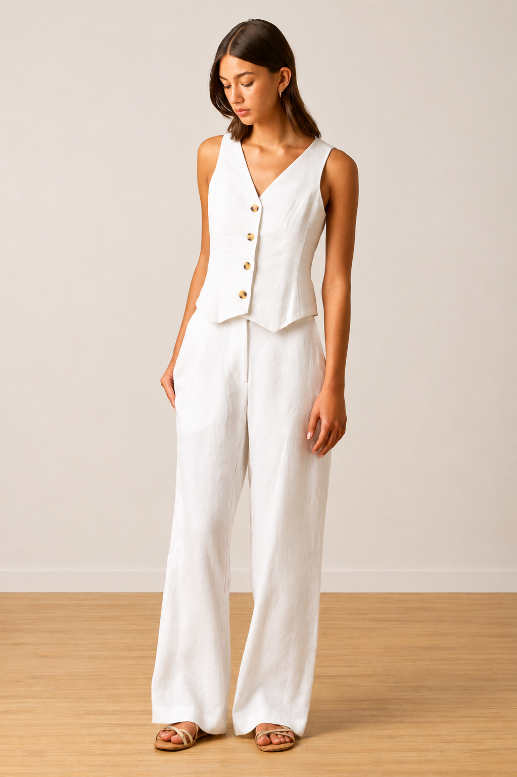Woman wearing a white linen vest and straight-leg linen pants against a plain background